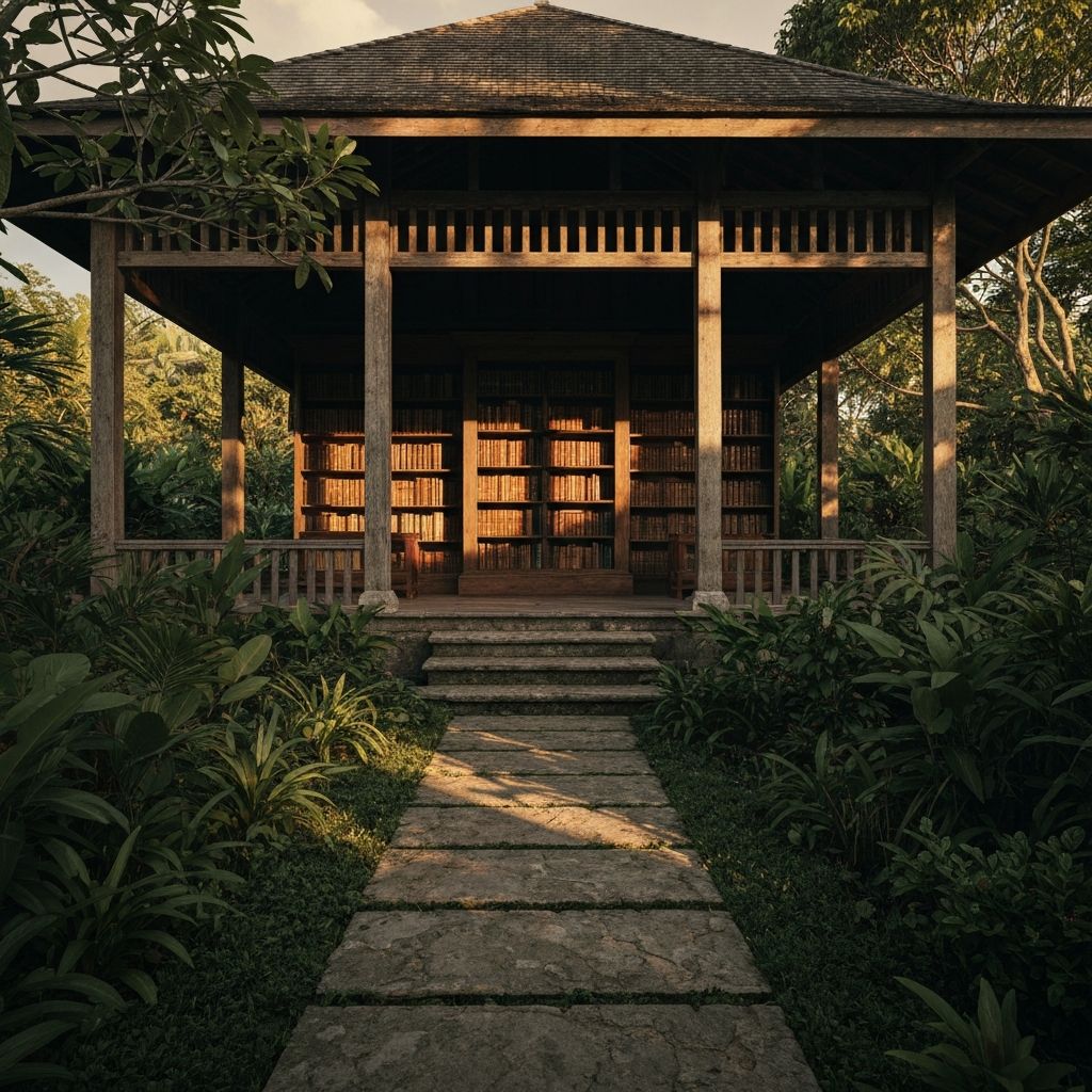 Taman perpustakaan tropis dengan jalur batu dan paviliun berisi rak buku
