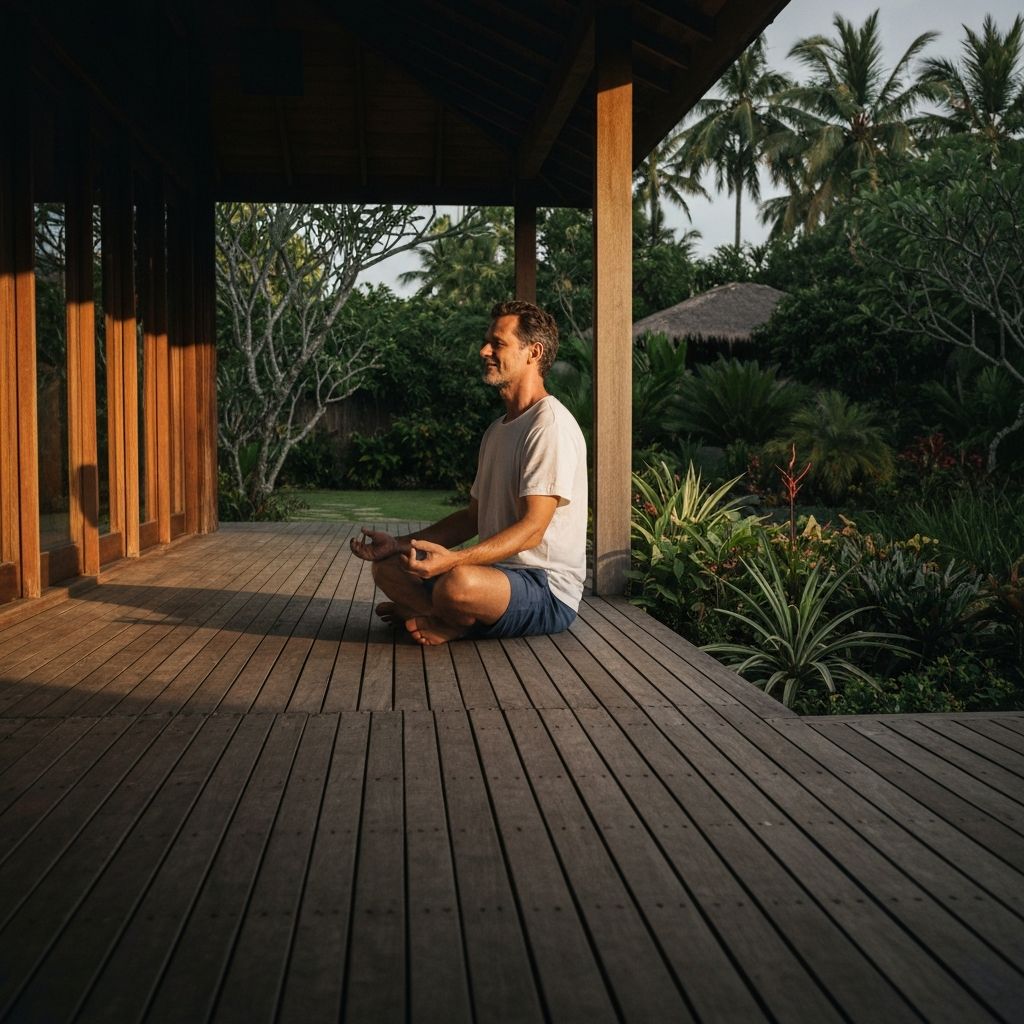 Pria matang bermeditasi di dek kayu menghadap taman tropis