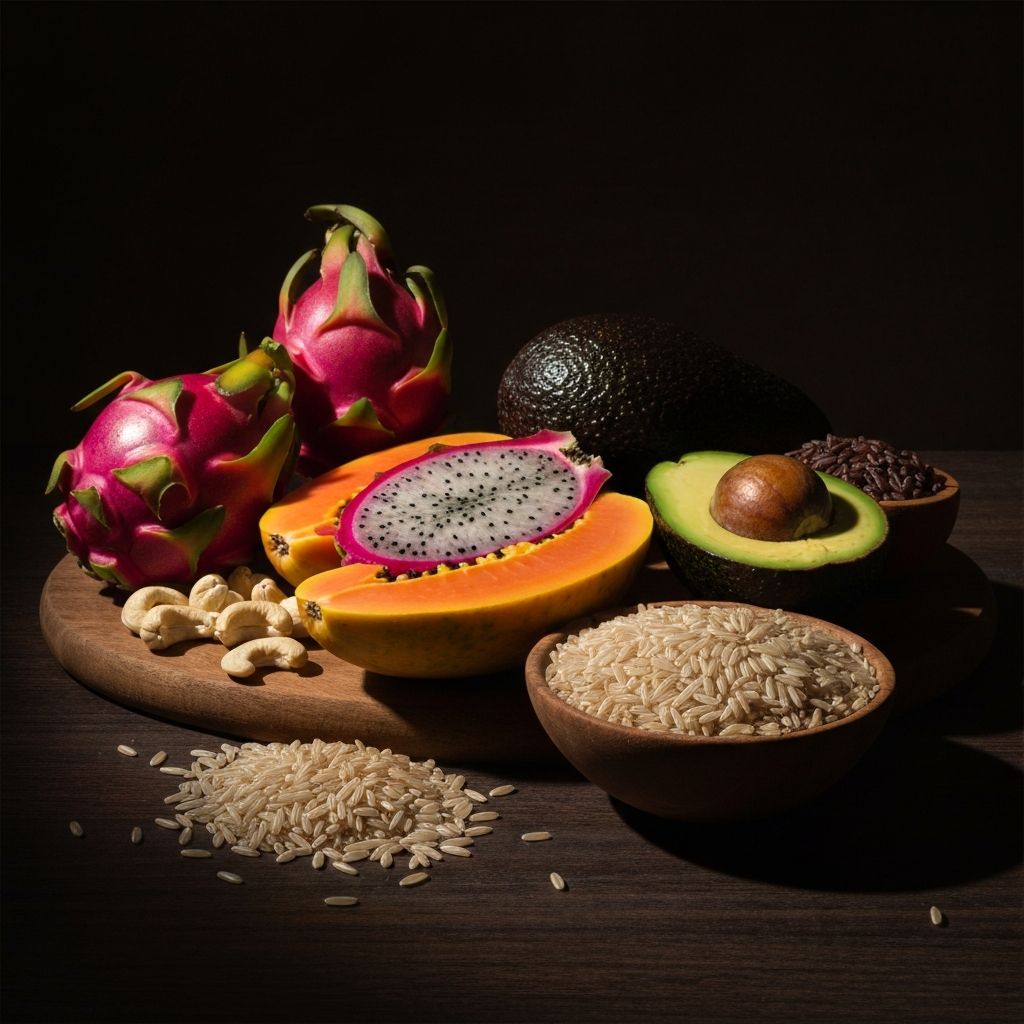 Buah-buahan tropis eksotis dan biji-bijian di atas permukaan kayu gelap